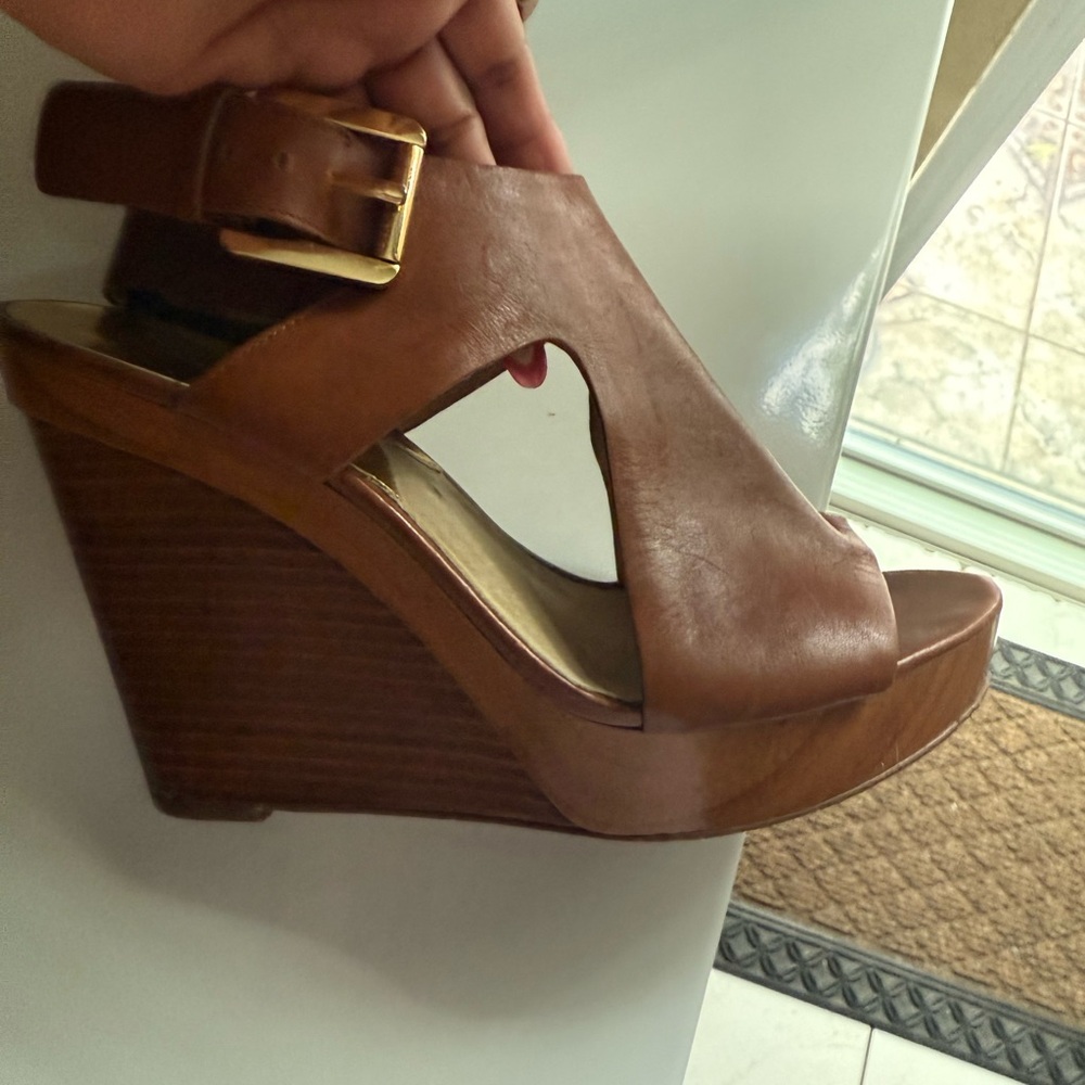 Michael Kors Tan Leather Wedge Sandals